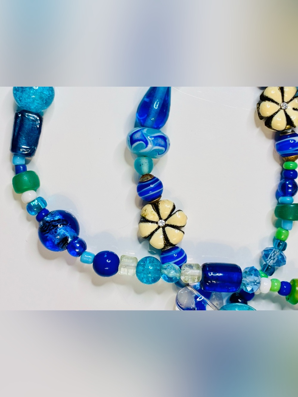 Handmade Blue & Green Beaded Necklace with Floral Accents - Picture 5 of 15